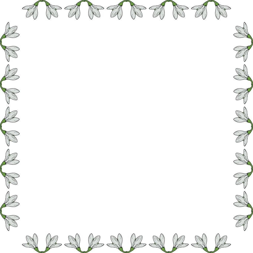 Square frame with snowdrops. Doodle style. Vector image.
