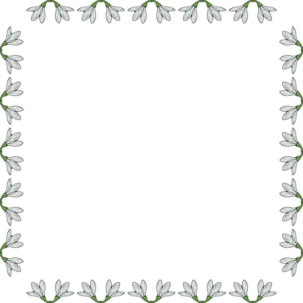 Square frame with snowdrops. Doodle style. Vector image.