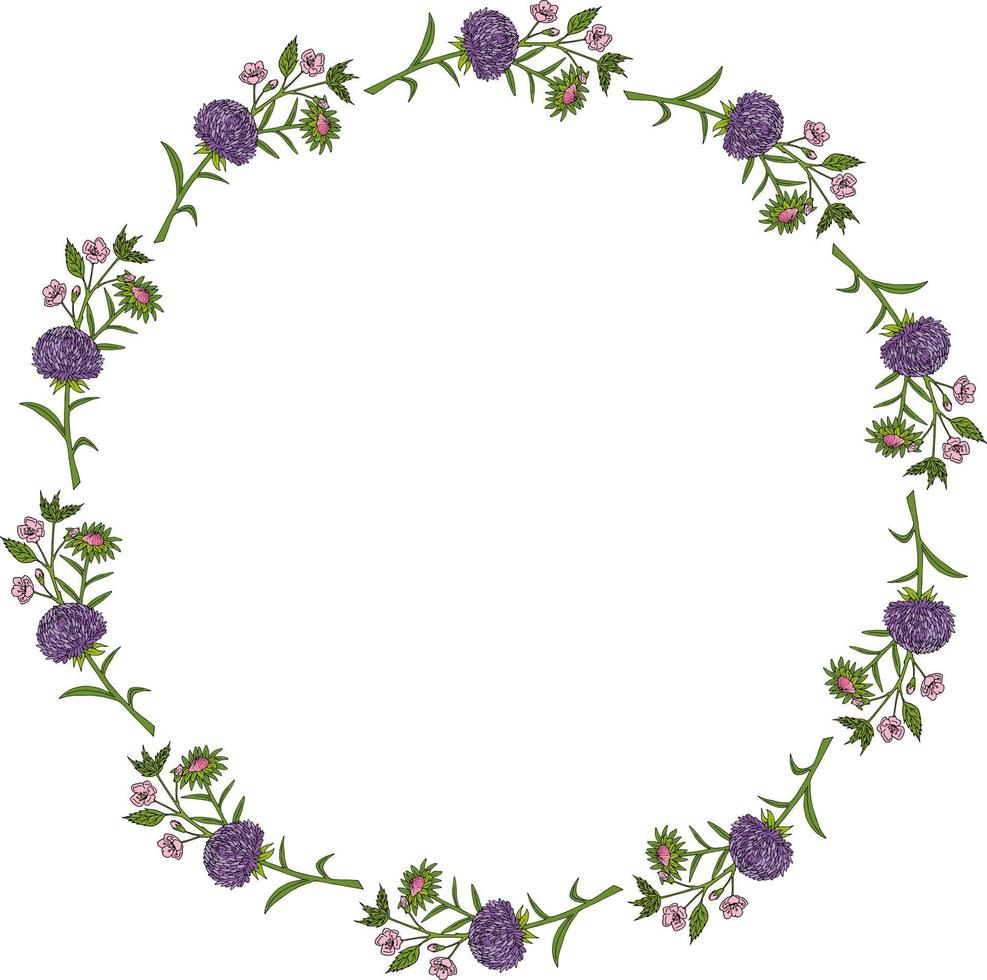 Round frame with pink and violet aster flowers and sakura branches on white background. Doodle style. Vector image.