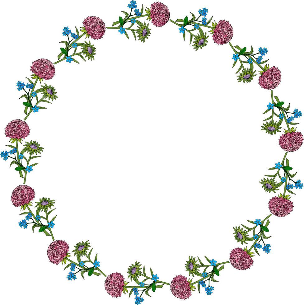 marco redondo con aster rosa y violeta y flores nomeolvides sobre fondo blanco. estilo garabato. imagen vectorial vector