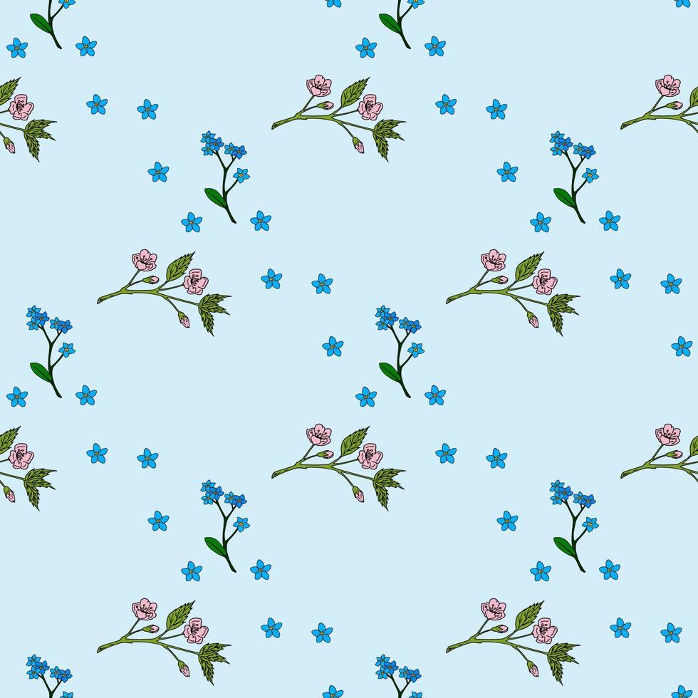 patrón impecable con acogedoras ramas de sakura y flores nomeolvides sobre fondo azul claro. imagen vectorial vector
