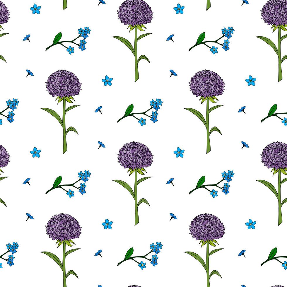 patrón sin costuras con aster violeta y flores de nomeolvides sobre fondo blanco. imagen vectorial vector
