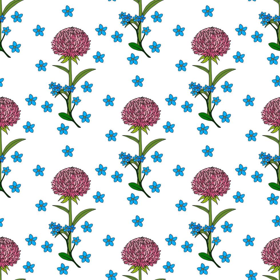 Seamless pattern with pink aster and blue forget-me-not flowers on white background. Vector image.