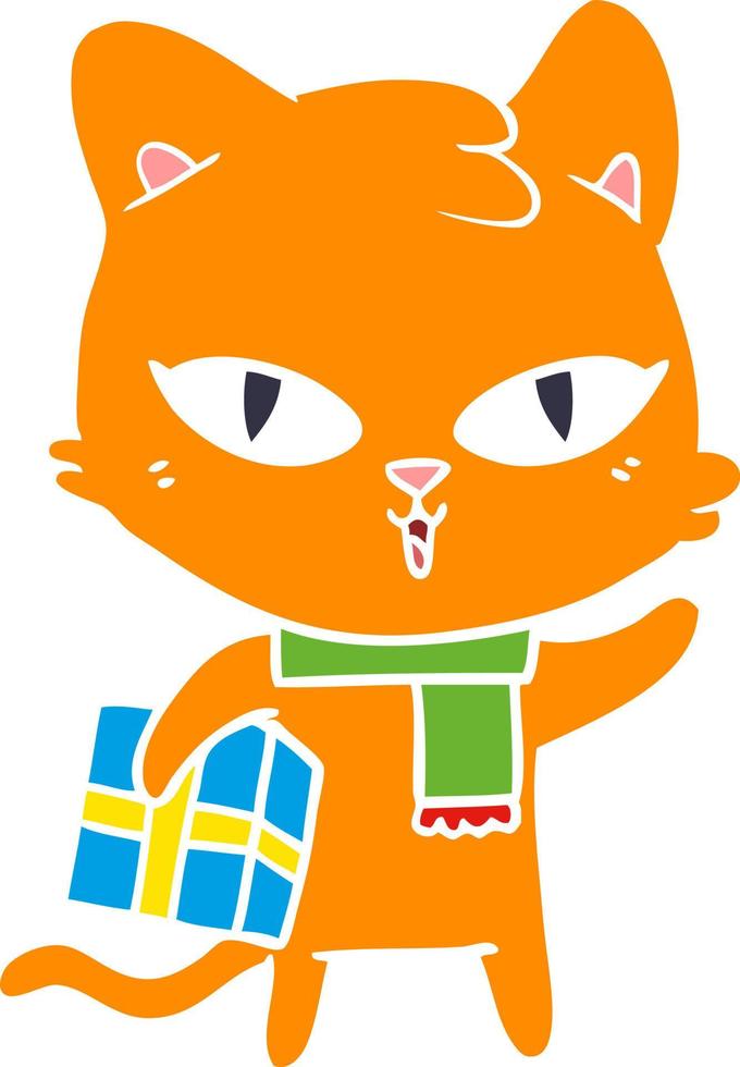 flat color style cartoon cat with a present vector