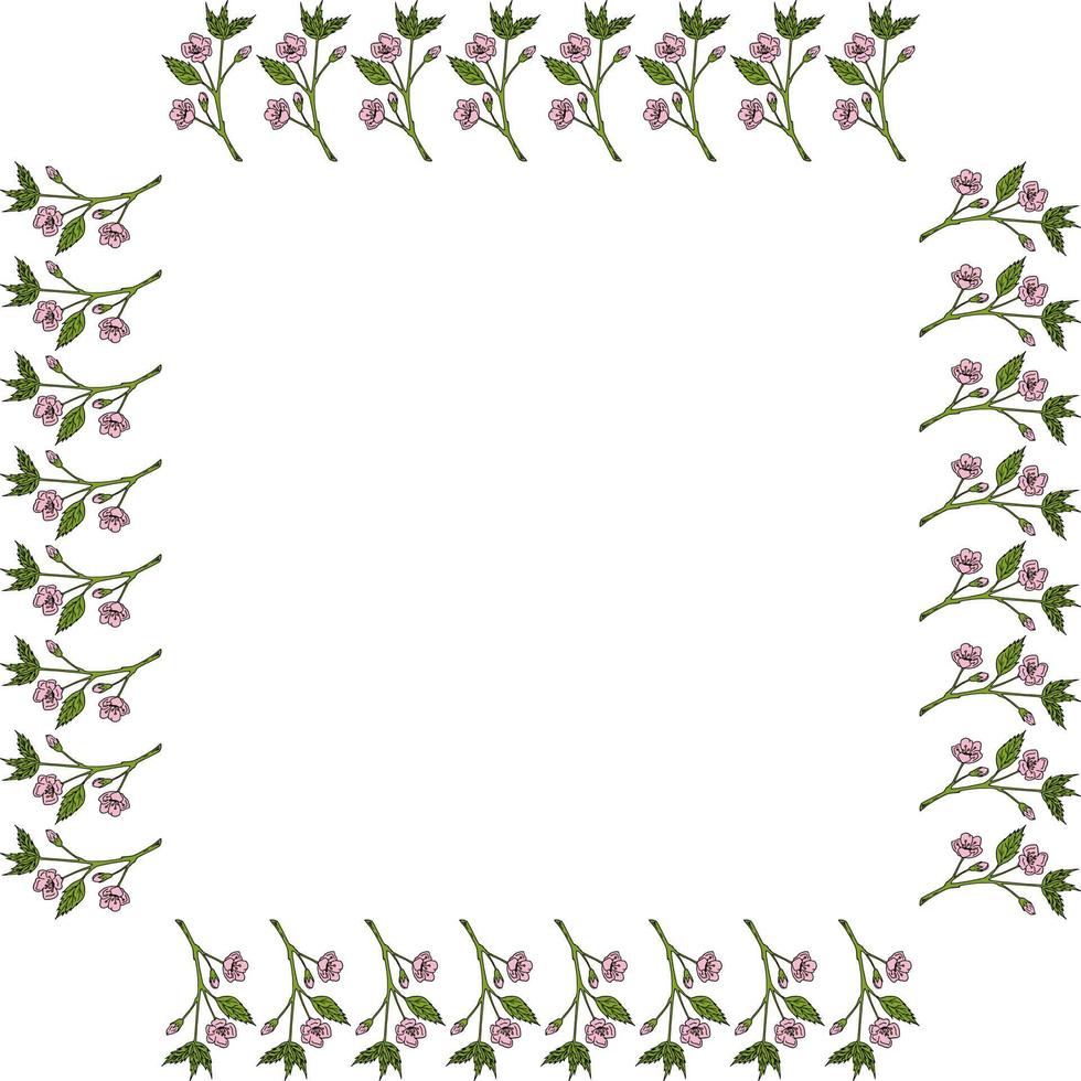 Square frame with sakura branches. Doodle style. Vector image.