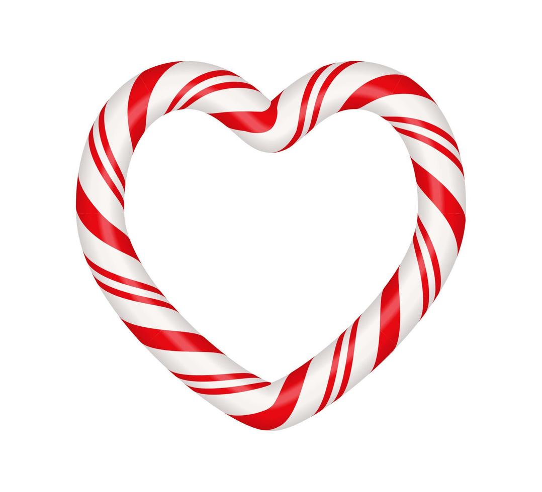 Christmas candy cane heart frame with red and white striped. Xmas border with striped candy lollipop pattern. Blank christmas and new year template. Vector illustration isolated on white background