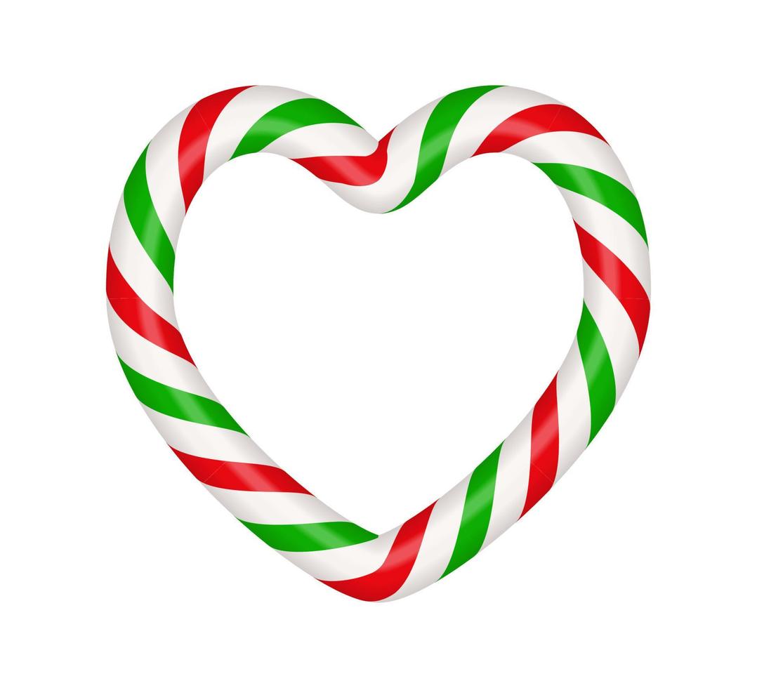 Christmas candy cane heart frame with red and green striped. Xmas border with striped candy lollipop pattern. Blank christmas and new year template. Vector illustration isolated on white background