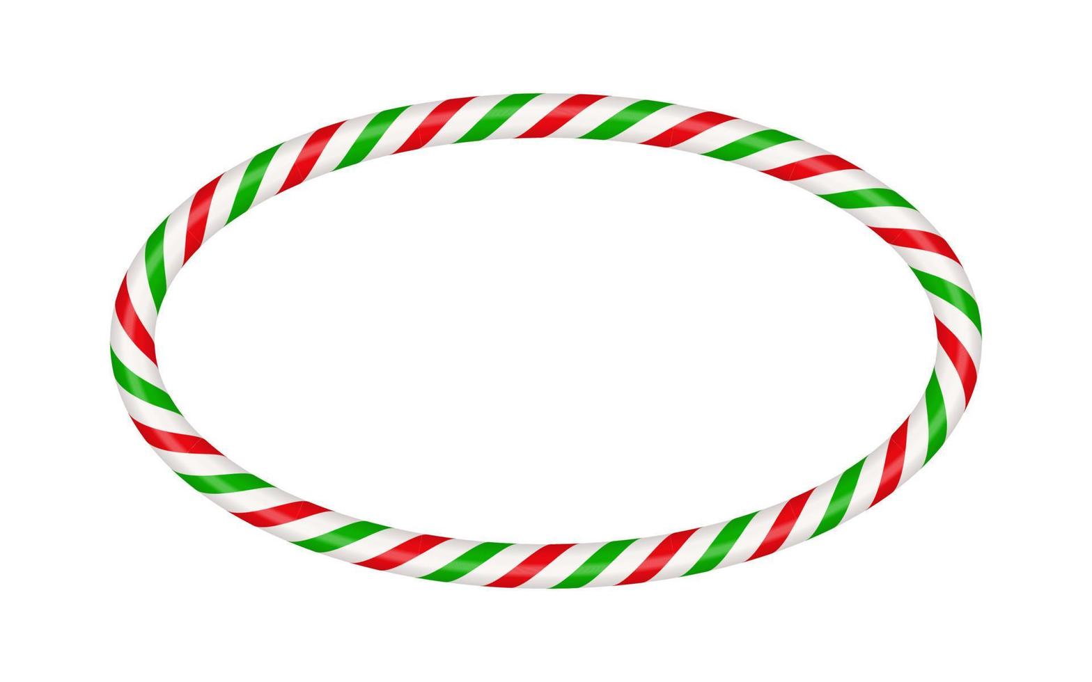 Christmas candy cane oval frame with red and green striped. Xmas border with striped candy lollipop pattern. Blank christmas and new year template. Vector illustration isolated on white background