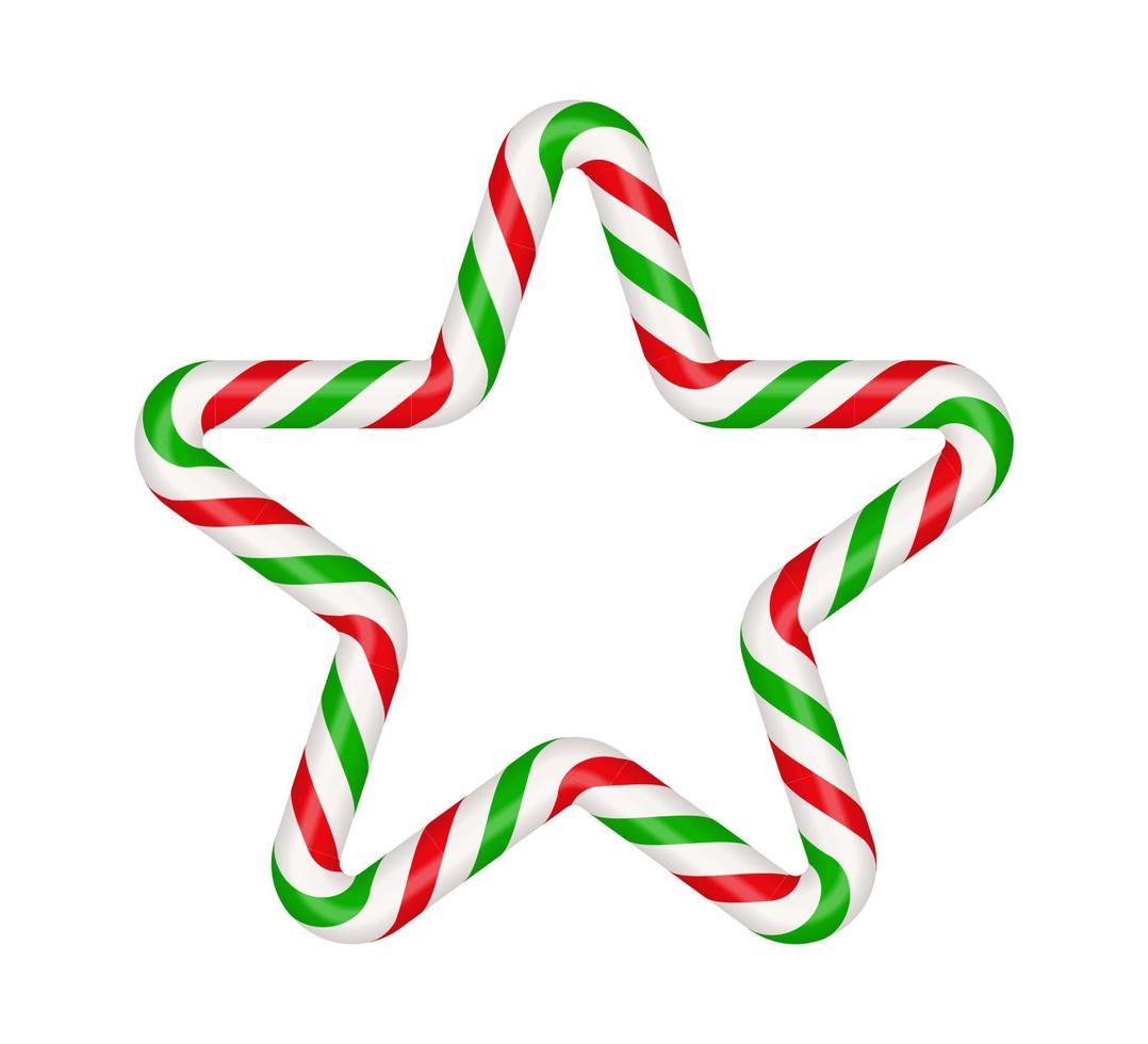 Christmas candy cane star frame with red and green striped. Xmas border with striped candy lollipop pattern. Blank christmas and new year template. Vector illustration isolated on white background
