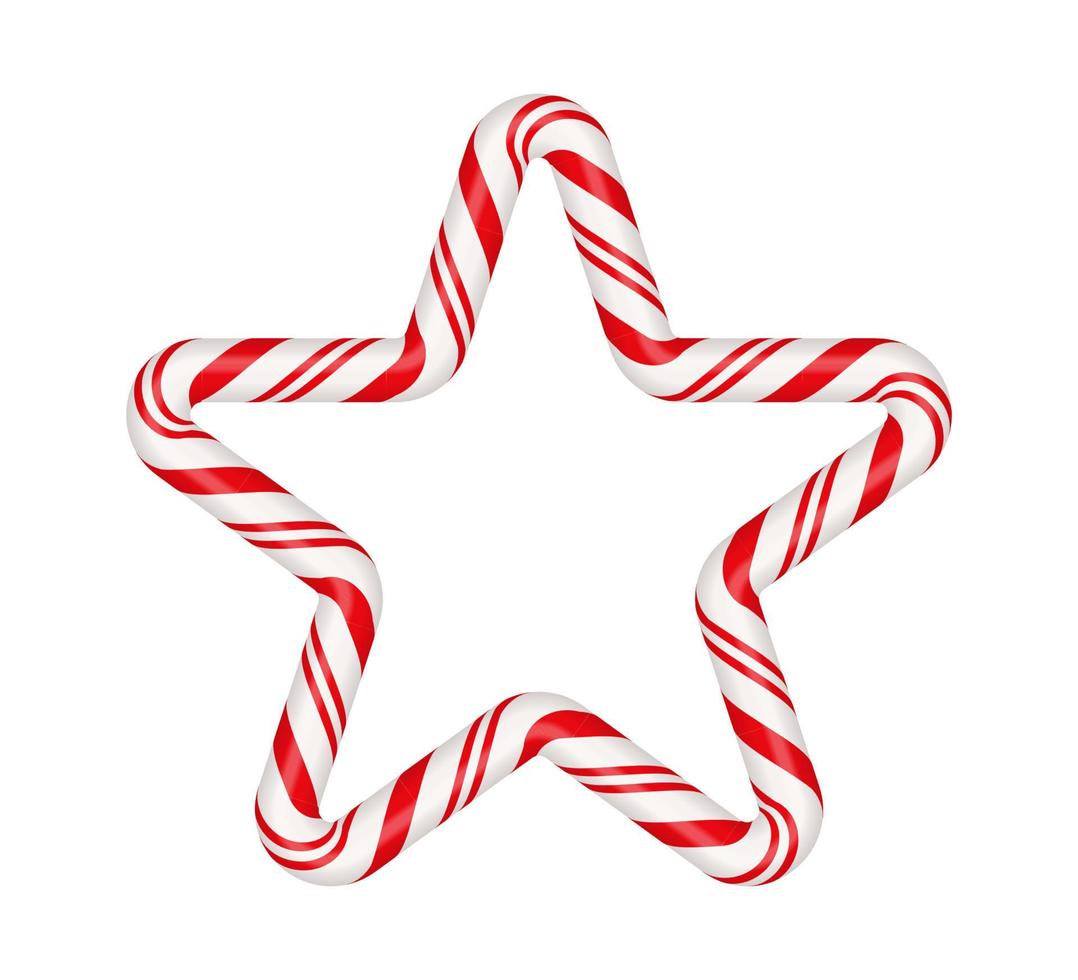 Christmas candy cane star frame with red and white striped. Xmas border with striped candy lollipop pattern. Blank christmas and new year template. Vector illustration isolated on white background