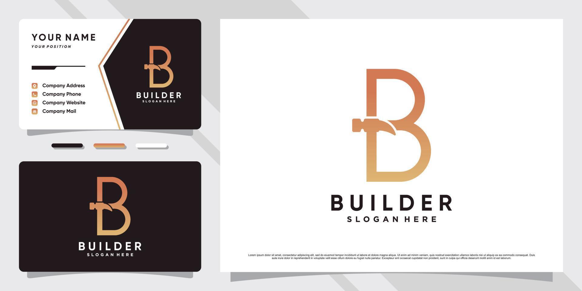 logotipo inicial de la letra b para icono de empresa con elemento de martillo y plantilla de tarjeta de visita vector