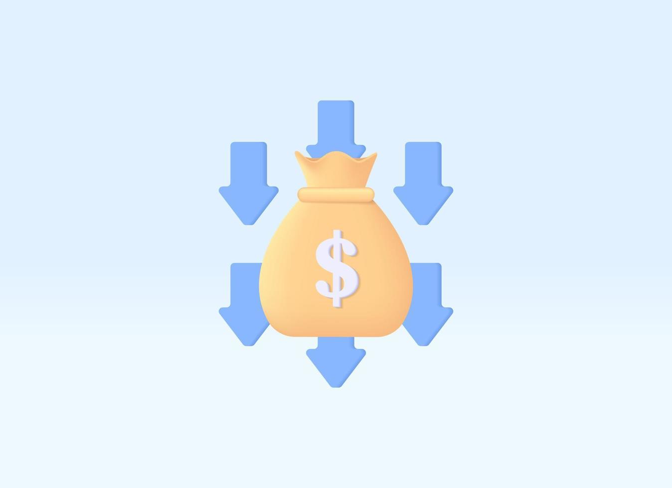 3D render money loss, dollar decrease, money decrease, dollar loss and financial loss vector concept. 3d vector design illustration
