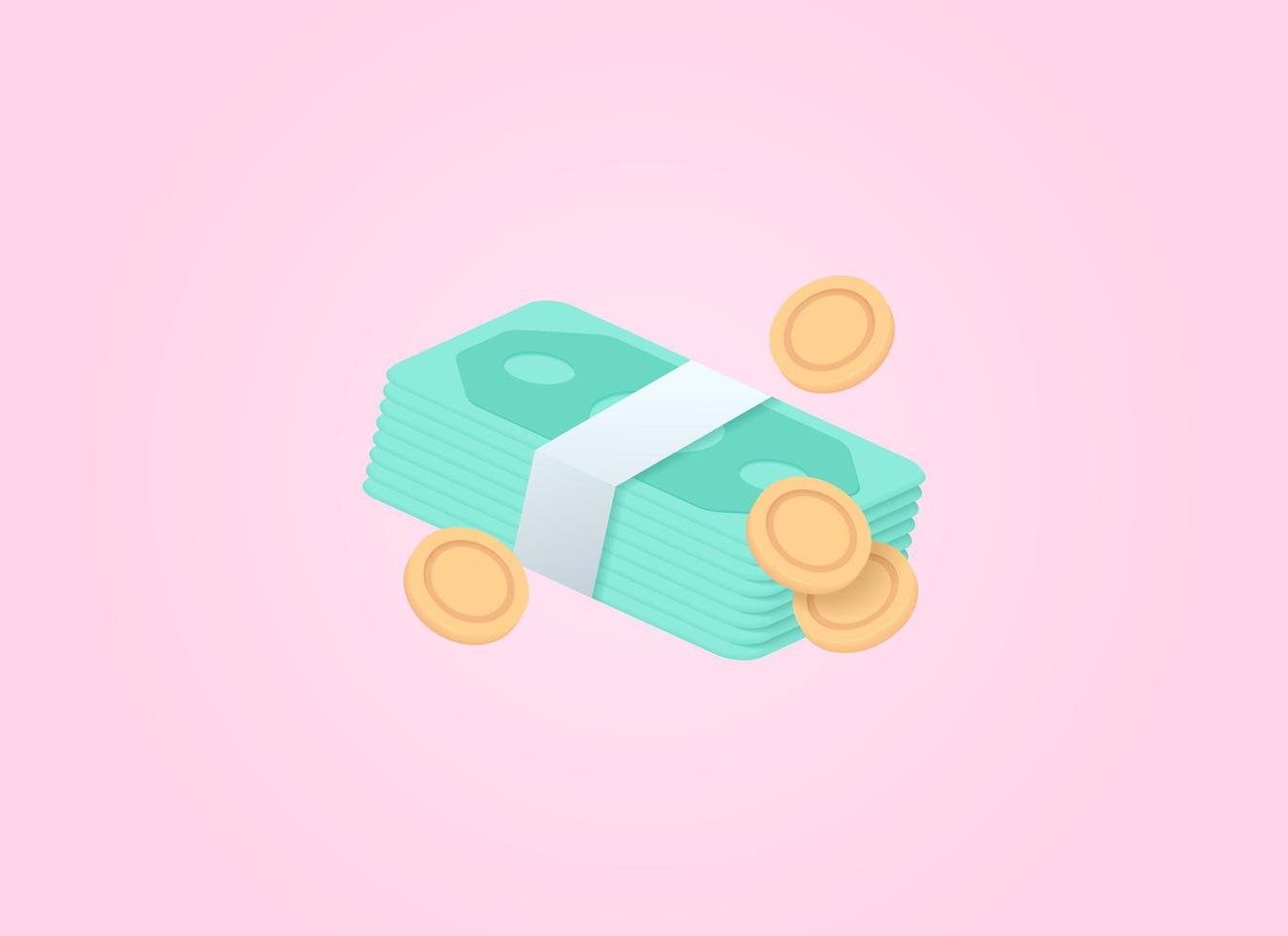 3d renderizar dinero, fondos, efectivo, monedas, pago y concepto de vector bancario. ilustración de diseño vectorial 3d