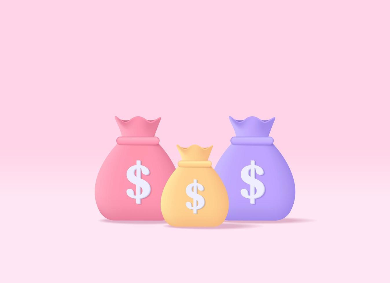 3D render money bag, money saving, investment, income, salary vector concept. 3d vector design illustration