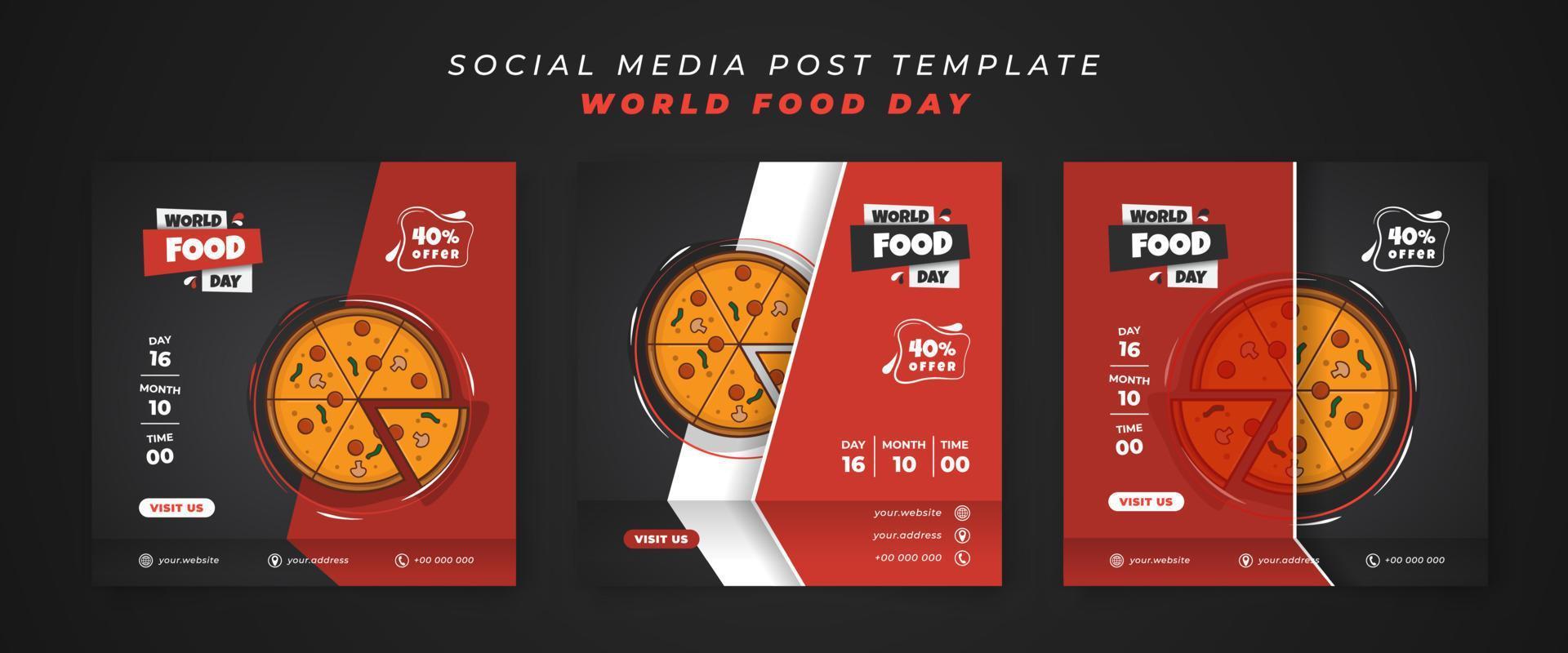 Set of social media post template with sliced pizza in cartoon illustration and red black background vector