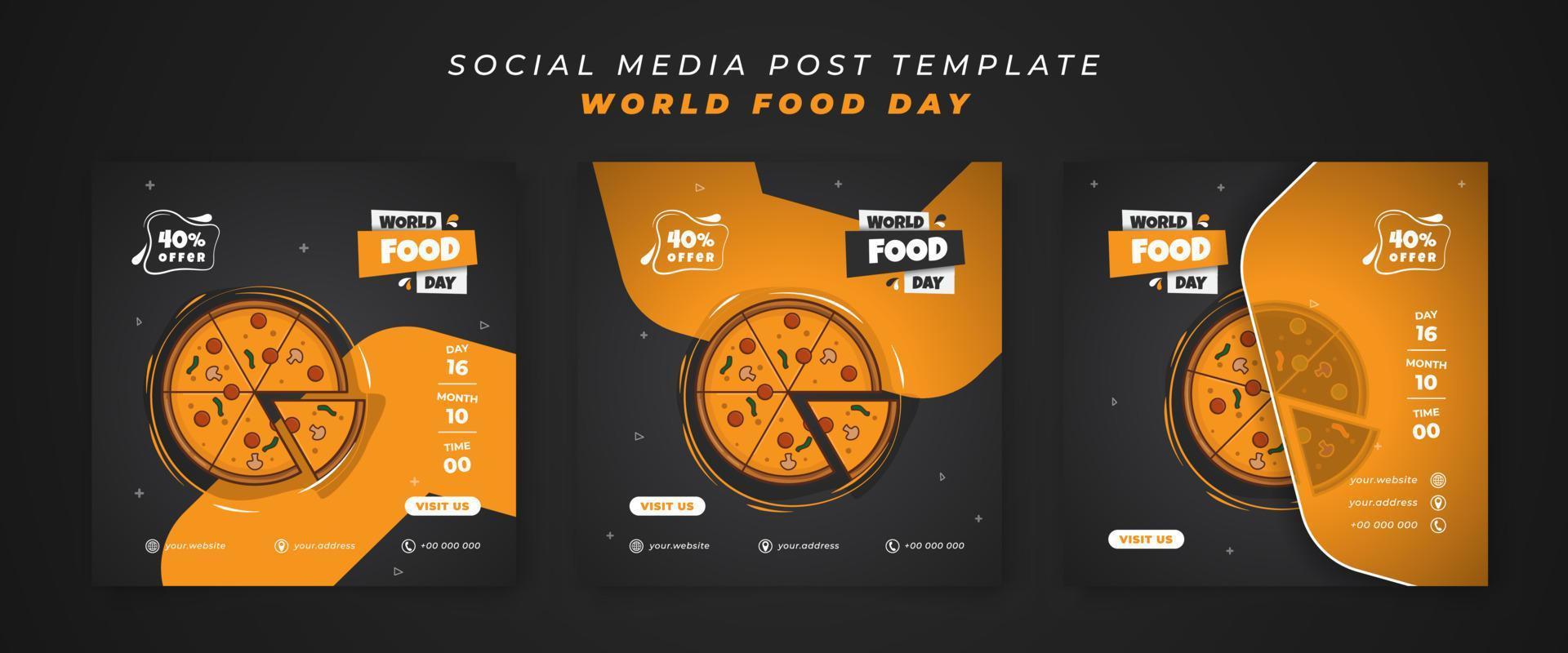 Set of social media post template in black yellow background for world food day design vector