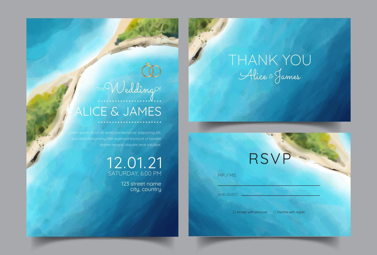 wedding cards, invitations. Save the date ocean and island style designs. Romantic seaside summer wedding background vector