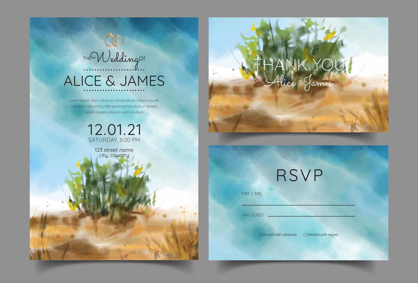 invitación de boda paisaje acuarela prado seco vector