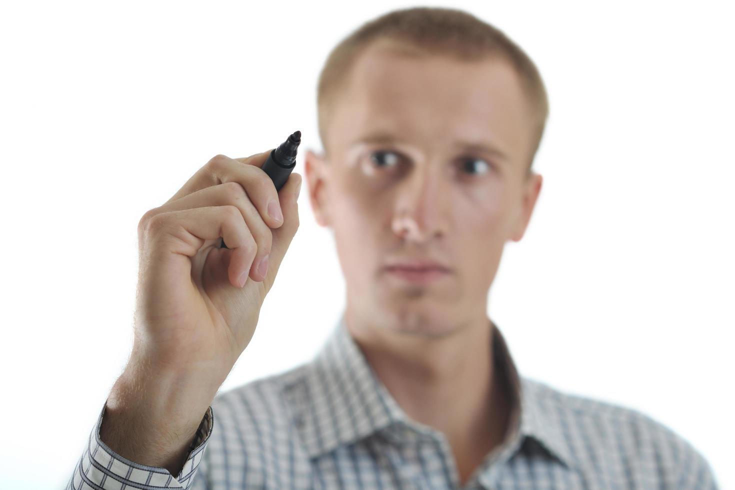 handsome young business man touching screen isolated photo