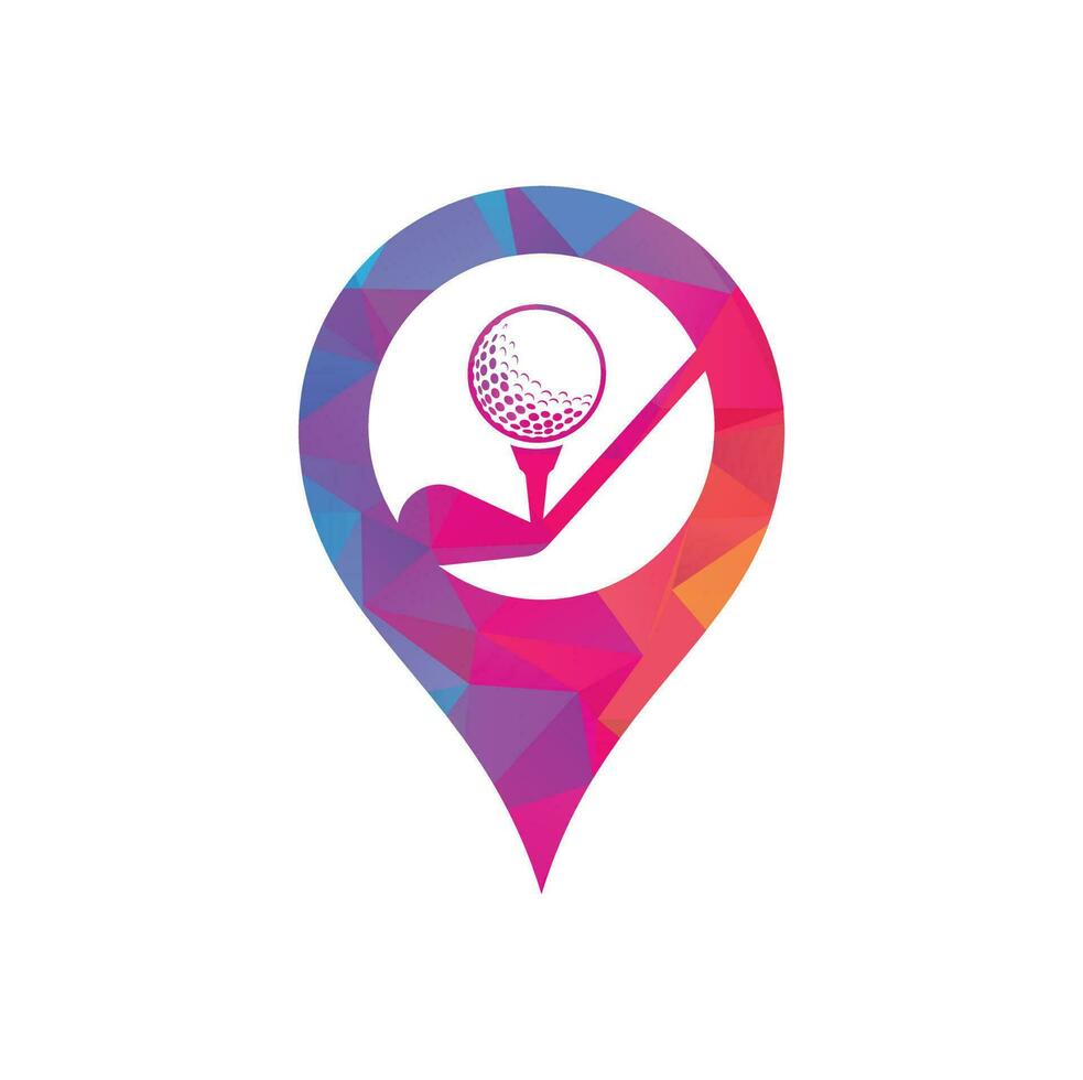 plantilla de vector de diseño de logotipo de concepto de forma de pin de mapa de golf de palo. diseños de logotipos de golf. plantilla de diseño de logotipo de silueta de deporte de golf