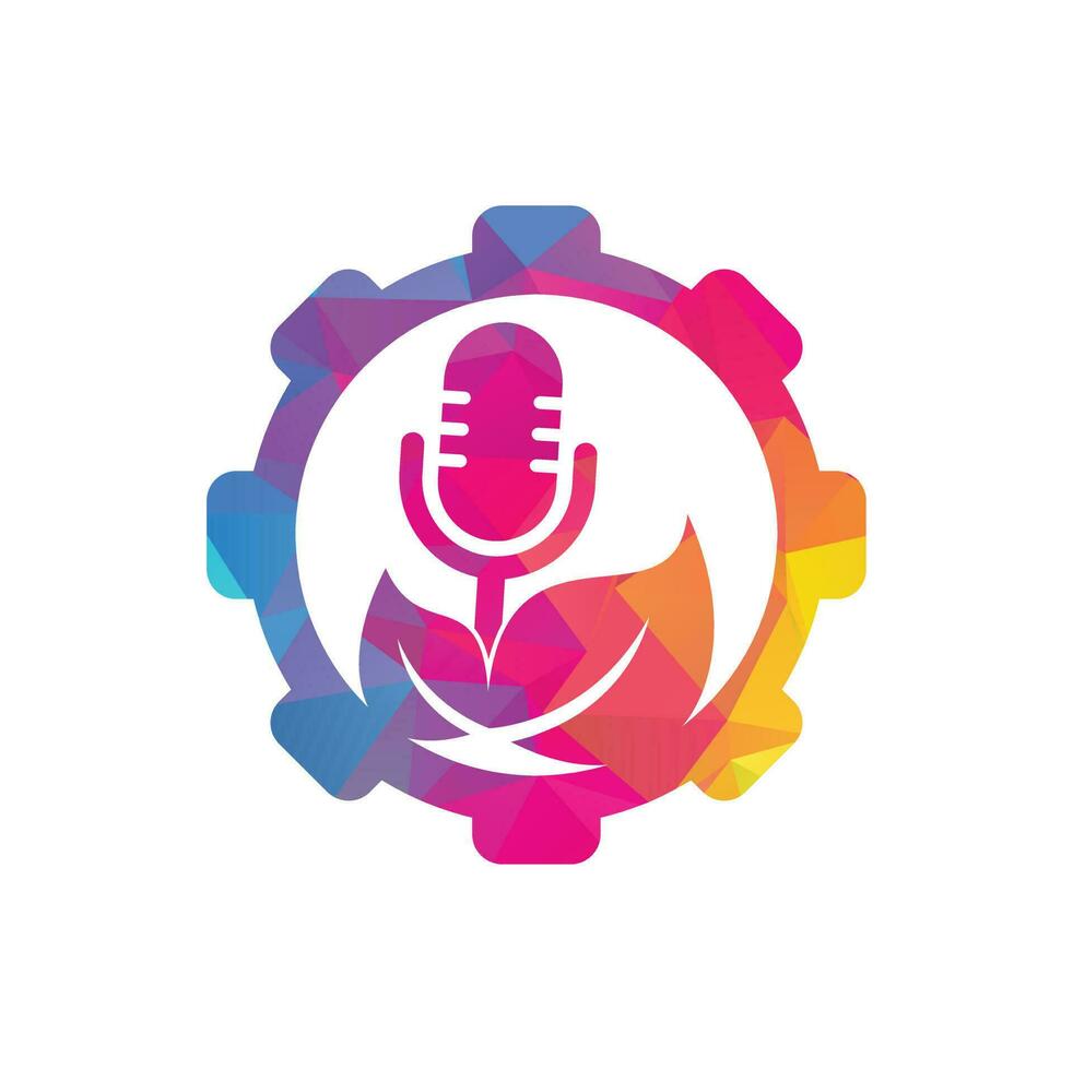plantilla de diseño de logotipo de concepto de forma de engranaje de podcast de hoja. logotipo del programa de entrevistas de podcast con micrófono y hojas vector