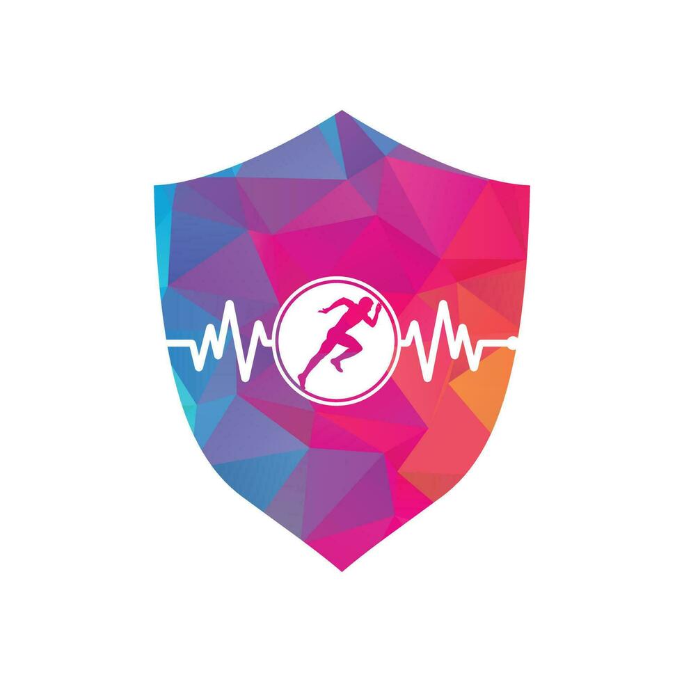 vector de icono de diseño de logotipo de maratón de pulso. diseño del logotipo de cuidado de la salud corporal. hombre corriendo con el icono del latido del corazón del ecg de línea.