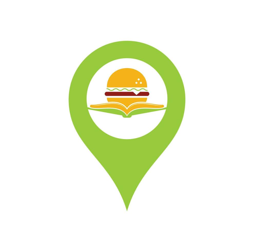 vector de diseño de logotipo de concepto de forma de pin de mapa de libro de hamburguesas. libros y burger cafe logo vector aislado