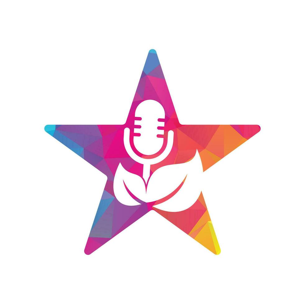 plantilla de diseño de logotipo de concepto de forma de estrella de podcast de hoja. logotipo del programa de entrevistas de podcast con micrófono y hojas. vector