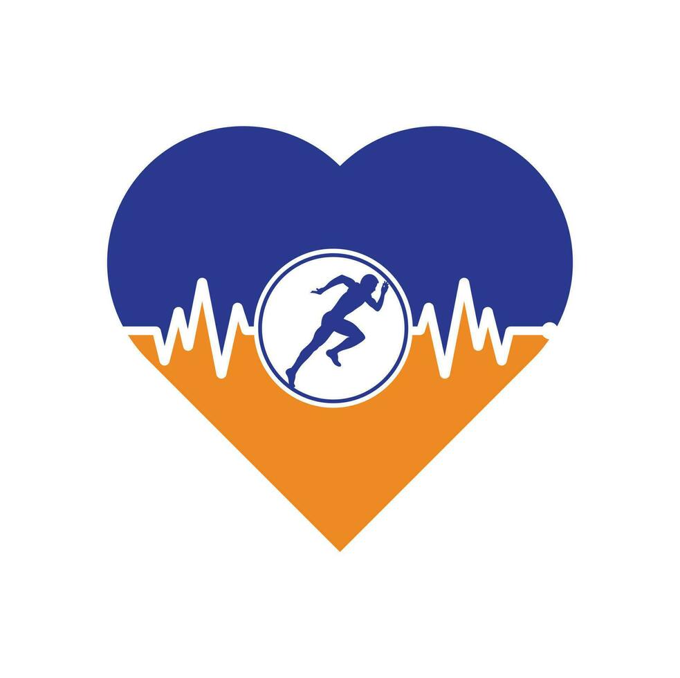 vector de icono de diseño de logotipo de concepto de forma de corazón de maratón de pulso. diseño del logotipo de cuidado de la salud corporal. hombre corriendo con el icono del latido del corazón del ecg de línea.