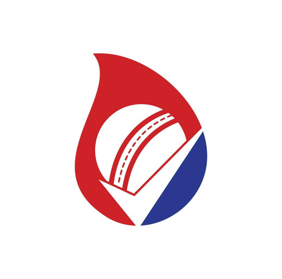 Check Cricket drop shape concept vector logo design. Cricket ball and tick icon logo.