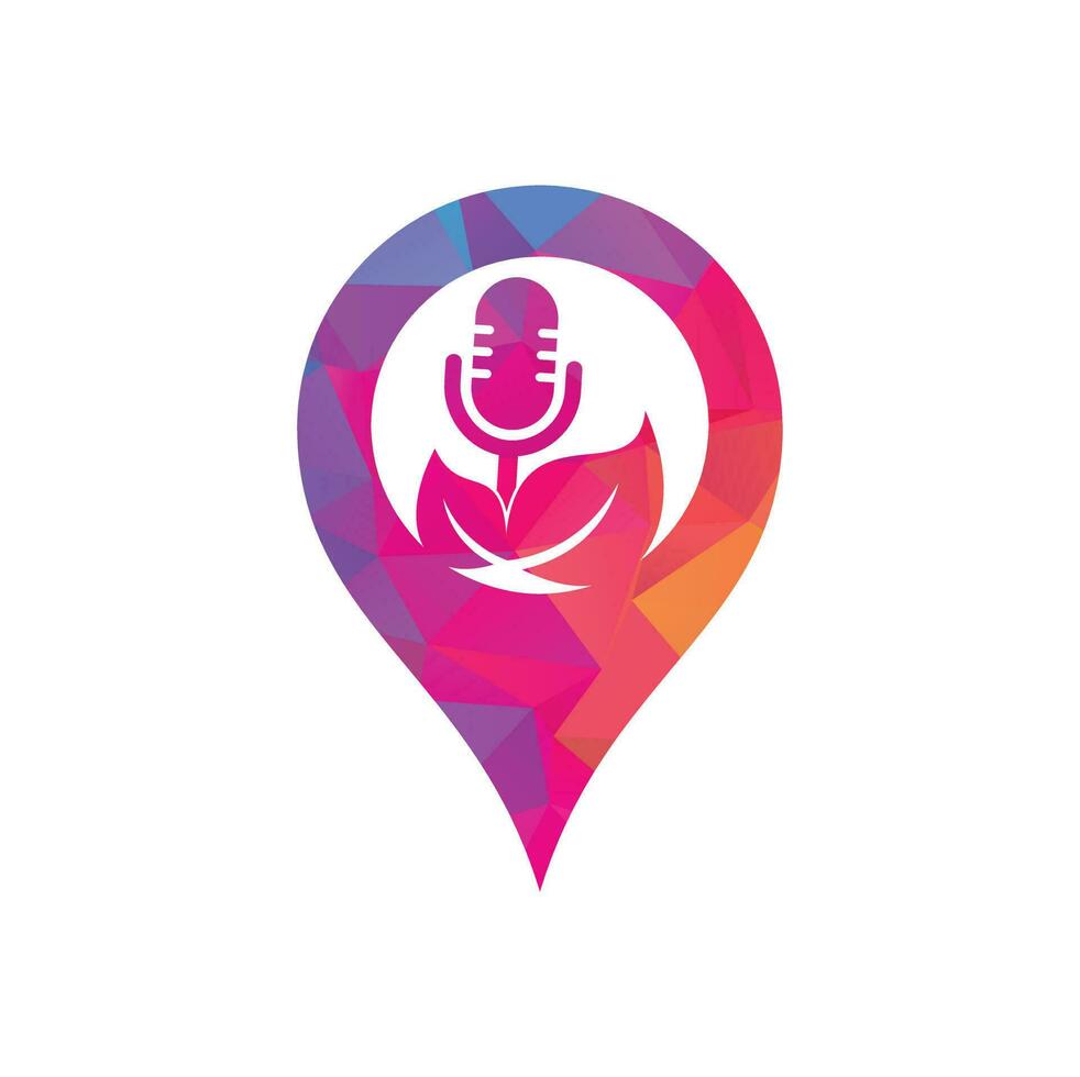 Leaf podcast map pin shape concept logo design template. Podcast talk show logo with mic and leaves. vector