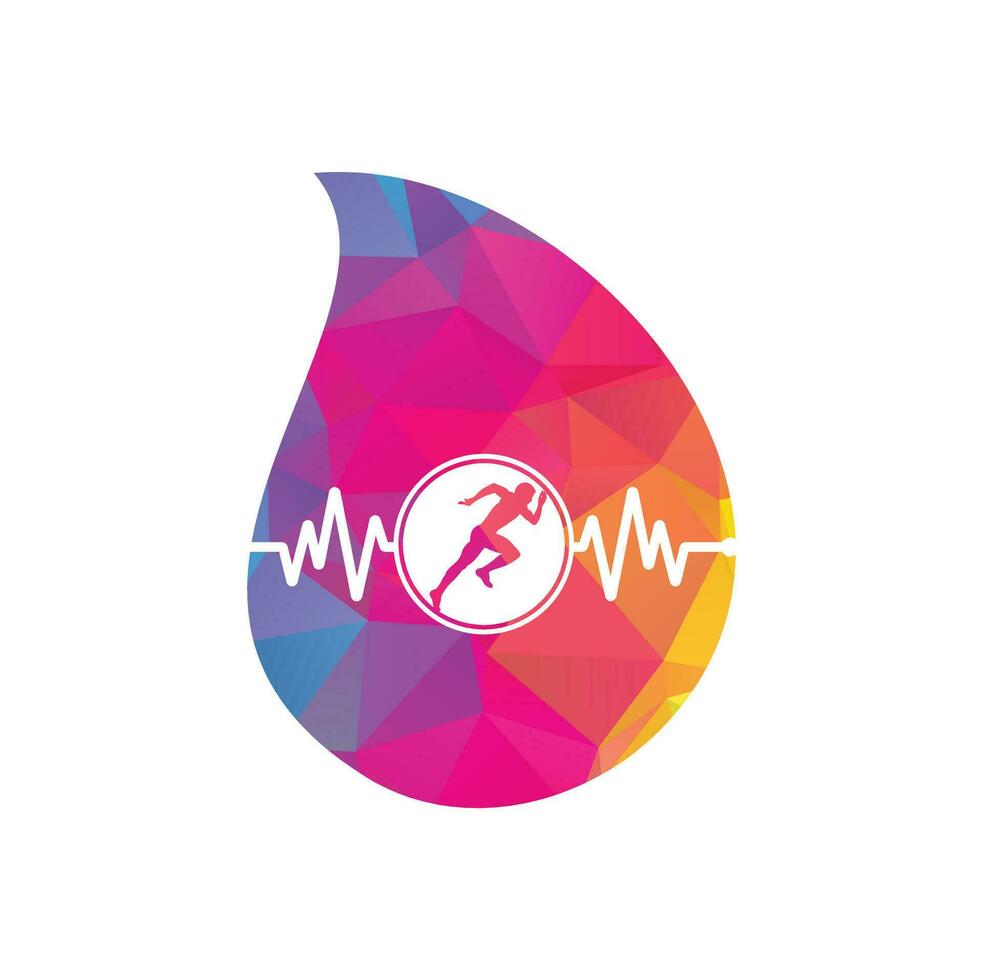 vector de icono de diseño de logotipo de concepto de forma de gota de maratón de pulso. diseño del logotipo de cuidado de la salud corporal. hombre corriendo con el icono del latido del corazón del ecg de línea.