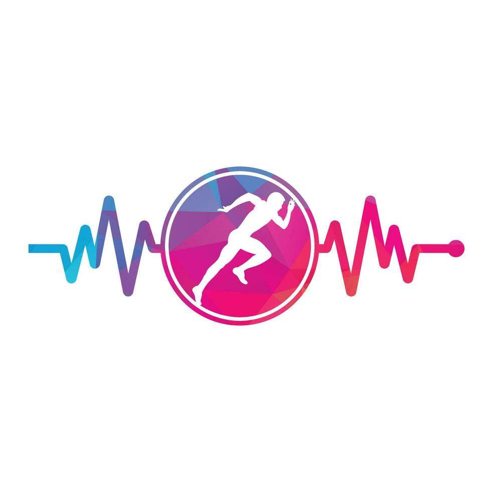 vector de icono de diseño de logotipo de maratón de pulso. diseño del logotipo de cuidado de la salud corporal. hombre corriendo con el icono del latido del corazón del ecg de línea.