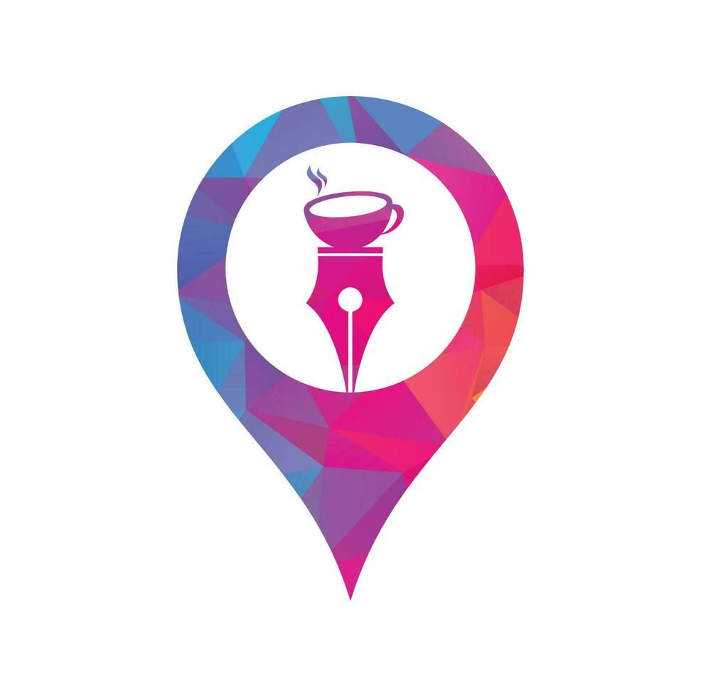 vector de concepto de diseño de logotipo de pluma y café. plantilla de icono de logotipo de concepto de forma de gps de pluma de café.