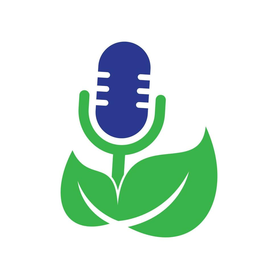 Podcast leaf nature ecology vector logo design. Podcast talk show logo with mic and leaves.