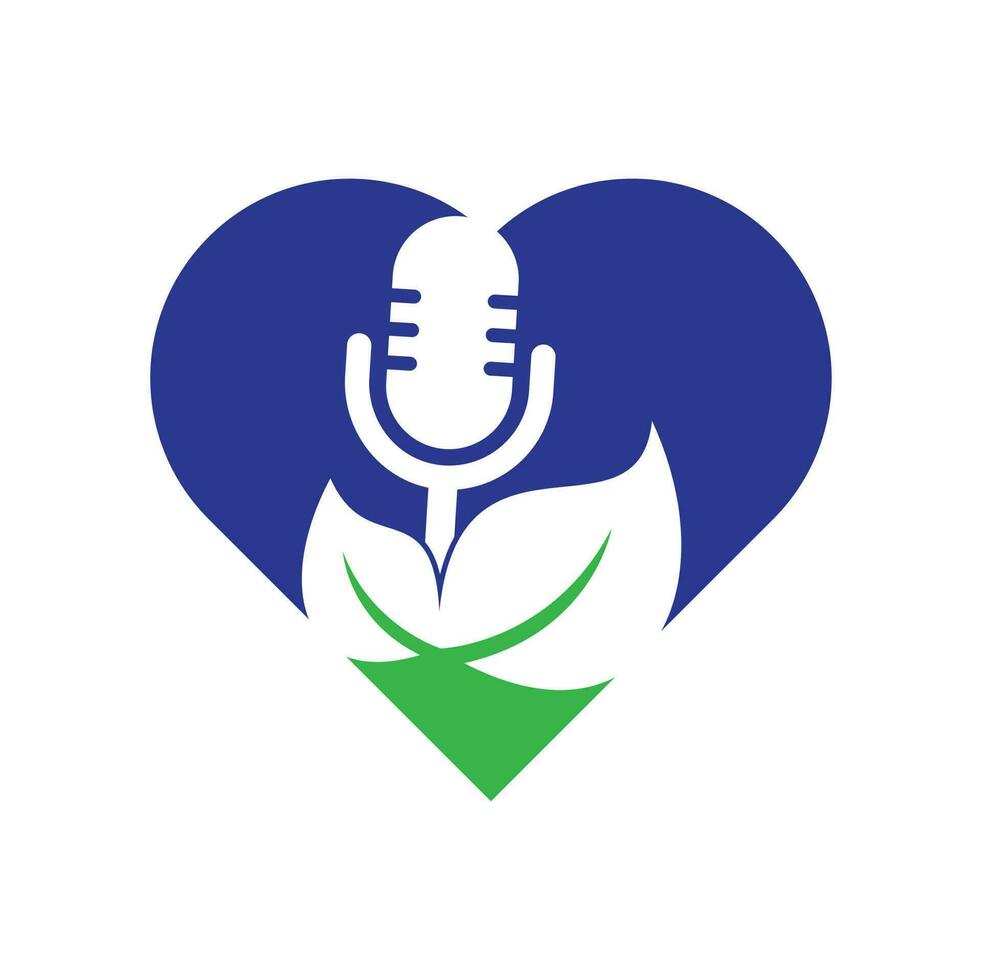 Leaf podcast heart shape concept logo design template. Podcast talk show logo with mic and leaves. vector