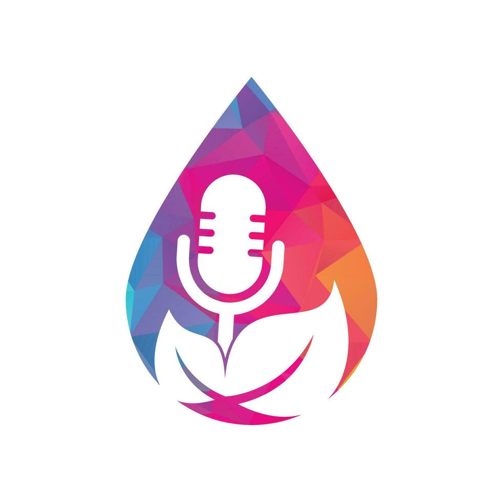 Leaf podcast drop shape concept logo design template. Podcast talk show logo with mic and leaves. vector