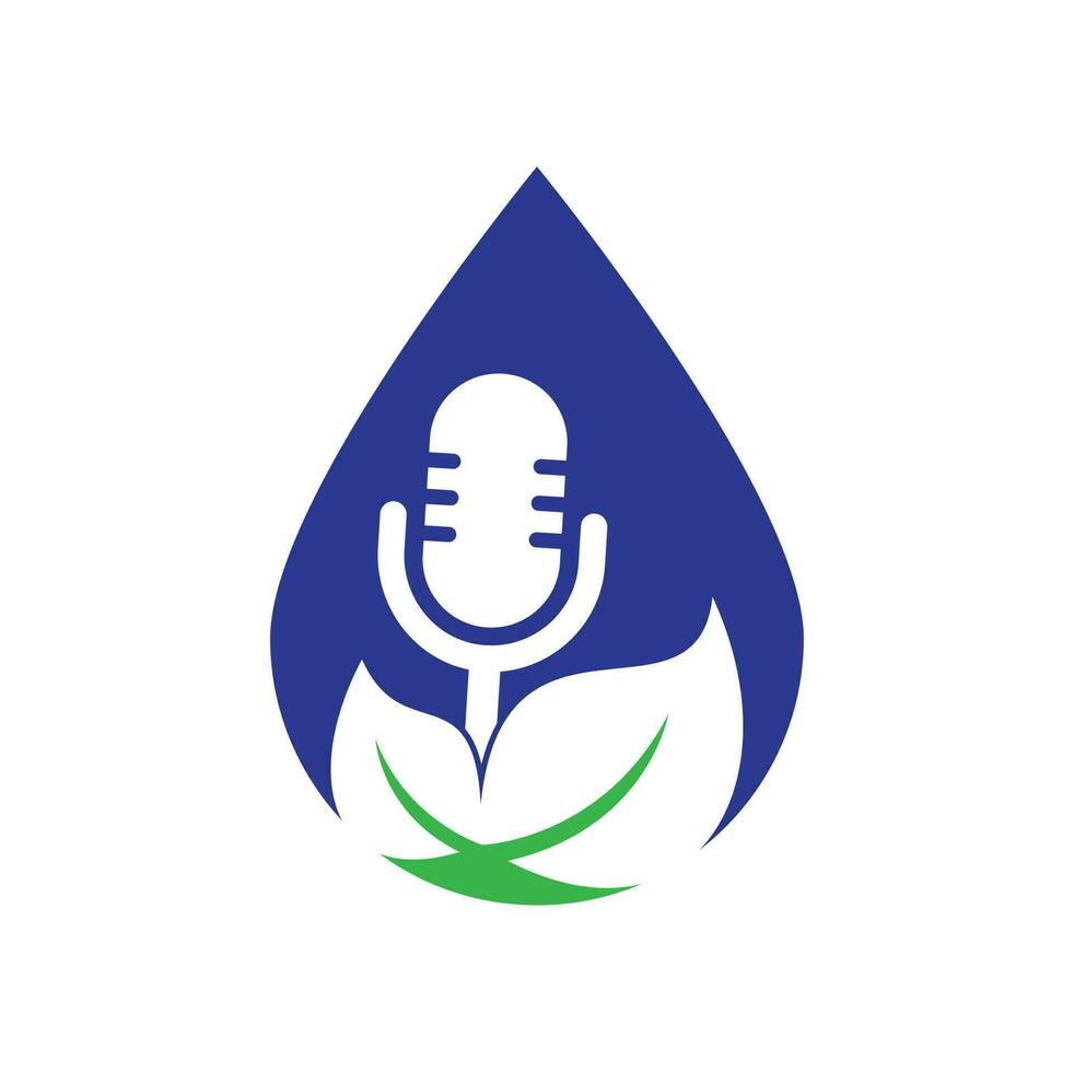 Leaf podcast drop shape concept logo design template. Podcast talk show logo with mic and leaves. vector