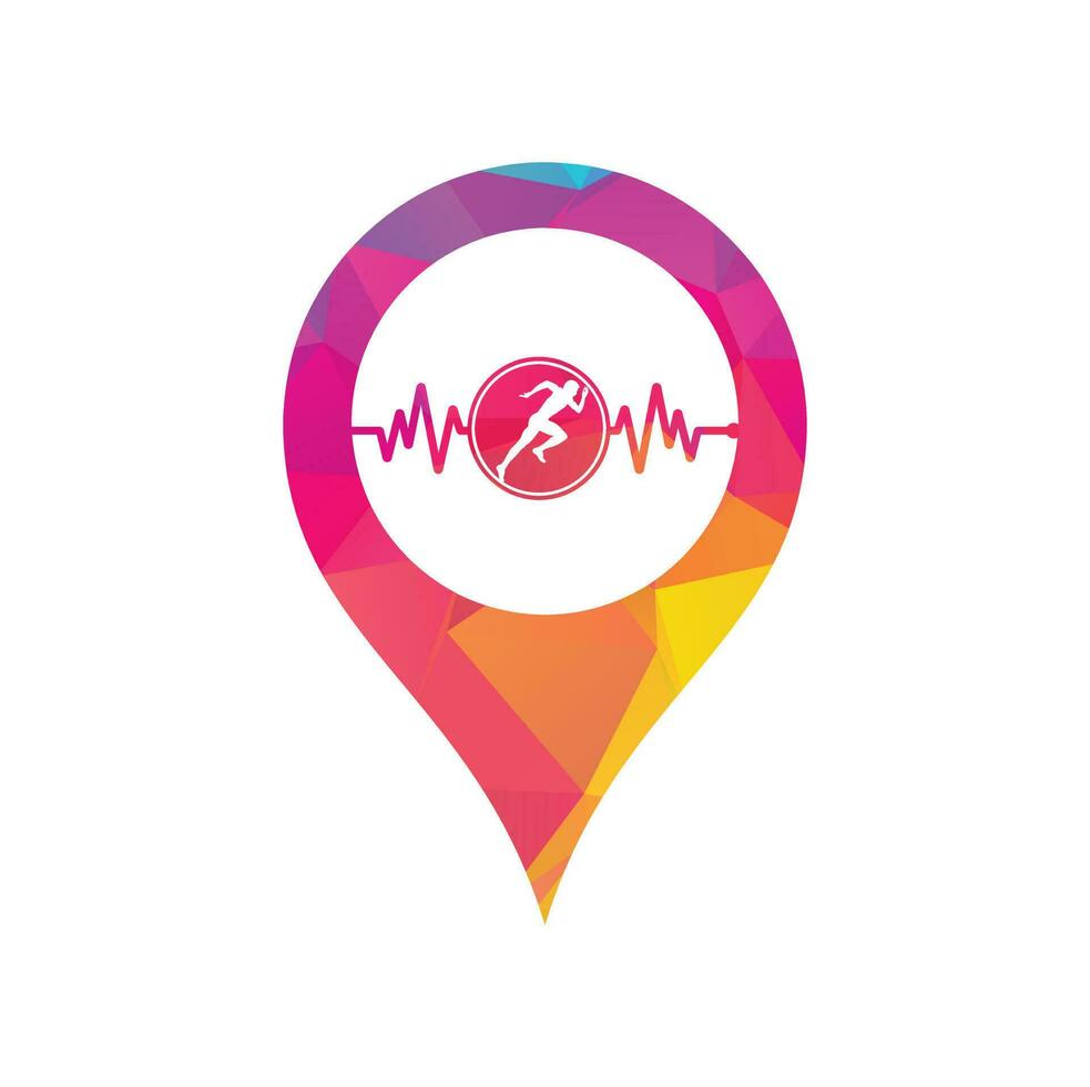 Pulse marathon map pin shape concept logo design icon vector. Running man with line ecg heartbeat icon. vector