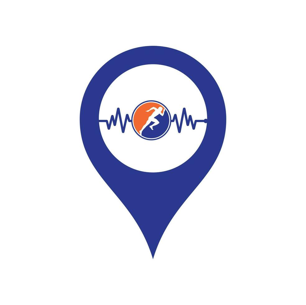 Pulse marathon map pin shape concept logo design icon vector. Running man with line ecg heartbeat icon. vector