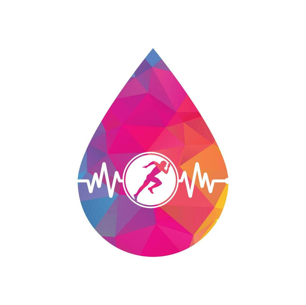 vector de icono de diseño de logotipo de concepto de forma de gota de maratón de pulso. diseño del logotipo de cuidado de la salud corporal. hombre corriendo con el icono del latido del corazón del ecg de línea.