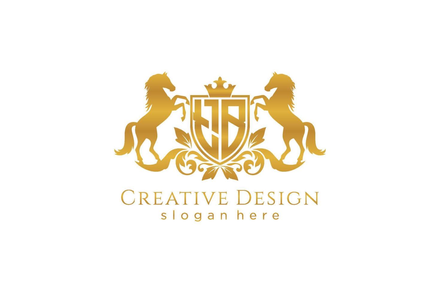 initial TB Retro golden crest with shield and two horses, badge template with scrolls and royal crown - perfect for luxurious branding projects vector