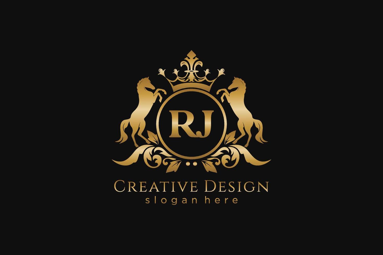 initial RJ Retro golden crest with circle and two horses, badge template with scrolls and royal crown - perfect for luxurious branding projects vector