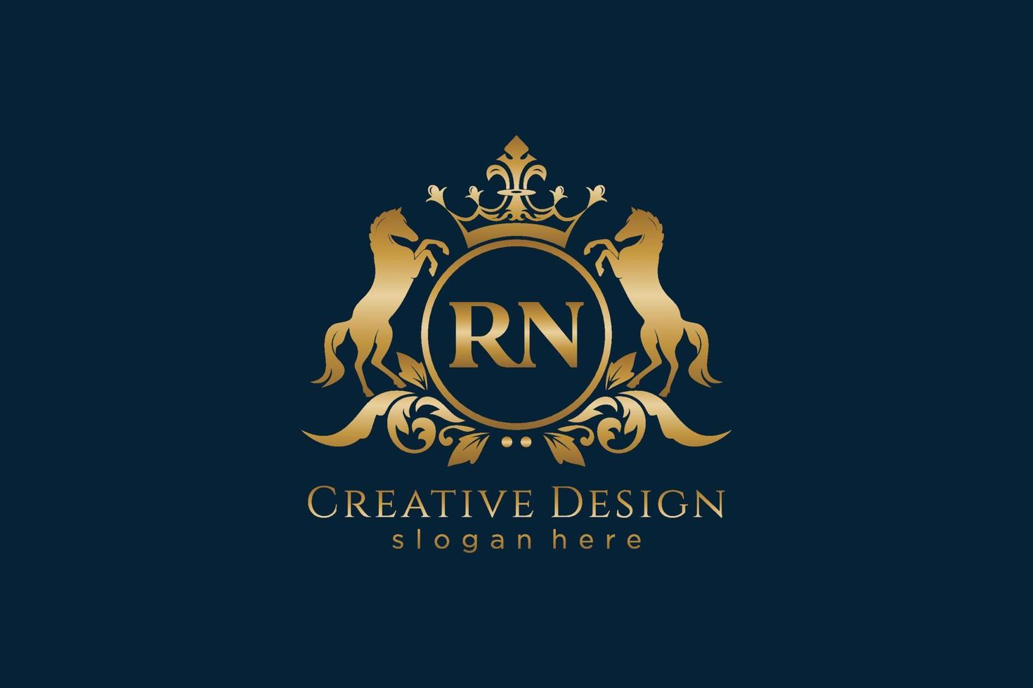 initial RN Retro golden crest with circle and two horses, badge template with scrolls and royal crown - perfect for luxurious branding projects vector