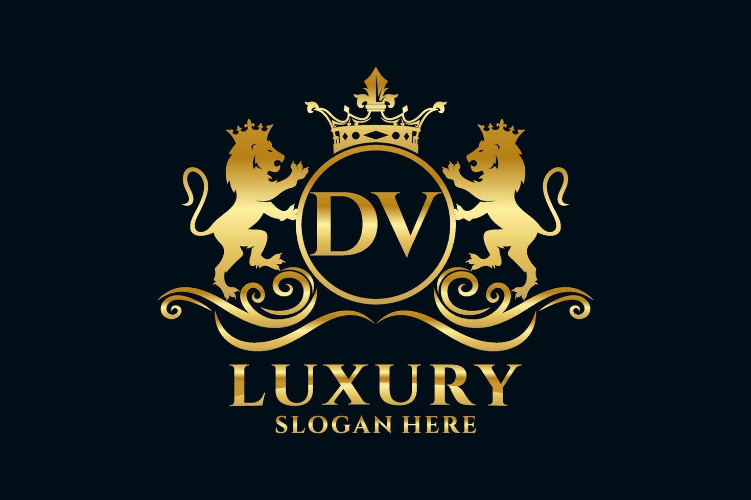 Initial DV Letter Lion Royal Luxury Logo template in vector art for luxurious branding projects and other vector illustration.