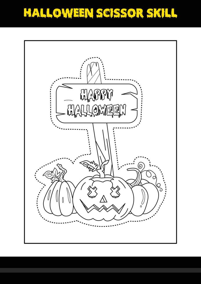 Halloween scissor skill for kids. Halloween scissor skill coloring page for kids. vector