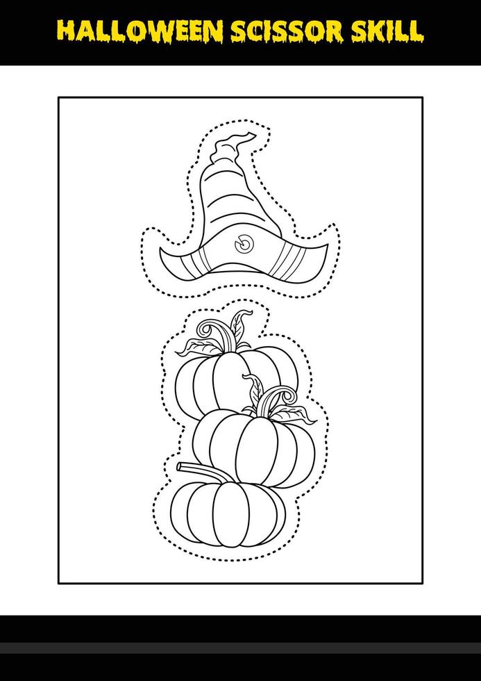 Halloween scissor skill for kids. Halloween scissor skill coloring page for kids. vector