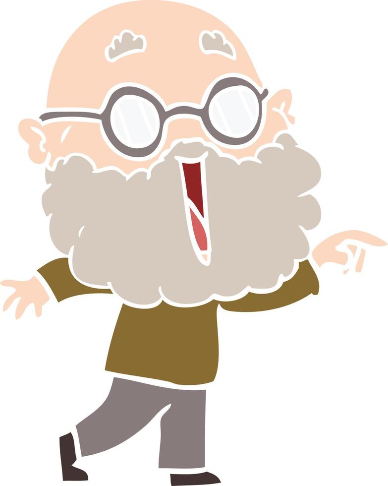 flat color style cartoon joyful man with beard pointing finger vector