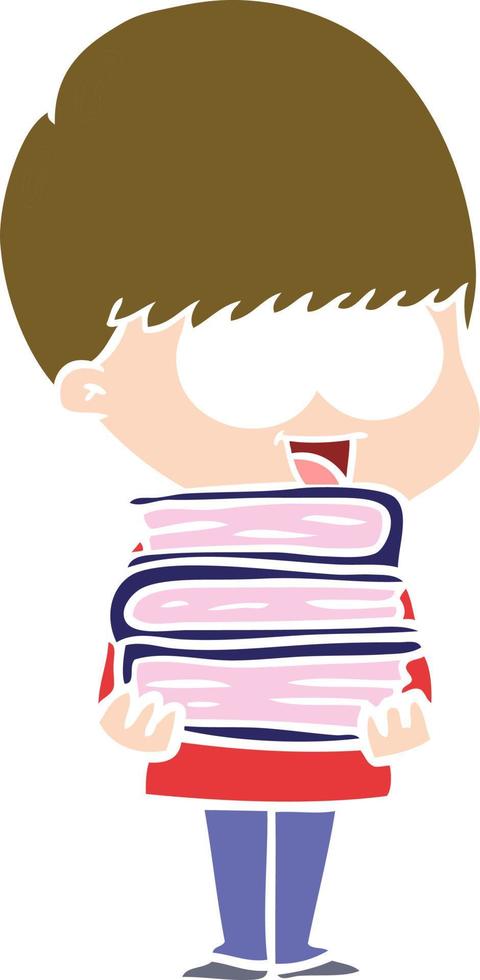 niño de dibujos animados de estilo de color plano feliz sosteniendo libros vector