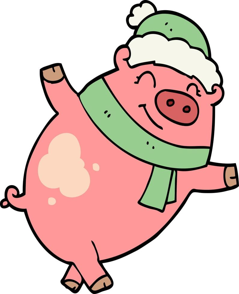 cartoon pig wearing christmas hat vector